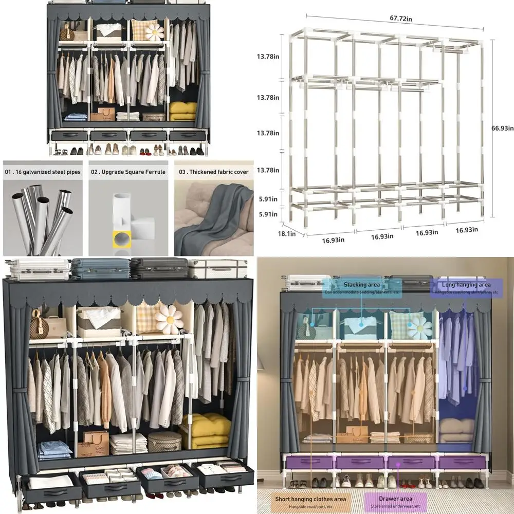 4-Rod Portable Wardrobe with Drawers, Metal Hangers, Grey Dust Cover for Bedroom Storage
4-Rod Portable Wardrobe with Drawers, Metal Hangers, Grey Dust Cover for Bedroom Storage