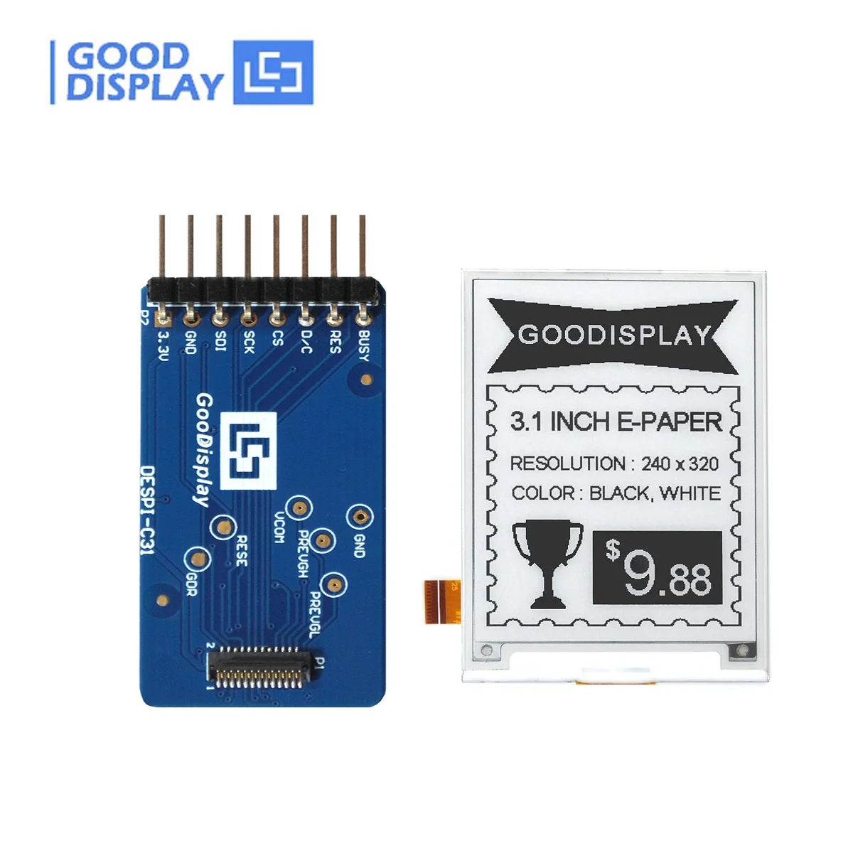 3.1 Inch SPI E-Paper-Display EPD Panel Partial refresh E Ink screen, GDEQ031T10 with adapter board DESPI-C31
3.1 Inch SPI E-Paper-Display EPD Panel Partial refresh E Ink screen, GDEQ031T10 with adapter board DESPI-C31