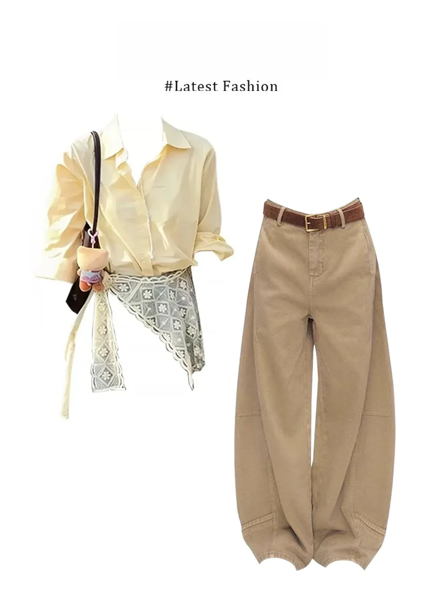 Parkyeon Collar Shirt with Lace Trim And Khaki Jeans Women's Fashion Set Casual Style mid Waist Long Sleeve Loose Fit
Parkyeon Collar Shirt with Lace Trim And Khaki Jeans Women's Fashion Set Casual Style mid Waist Long Sleeve Loose Fit