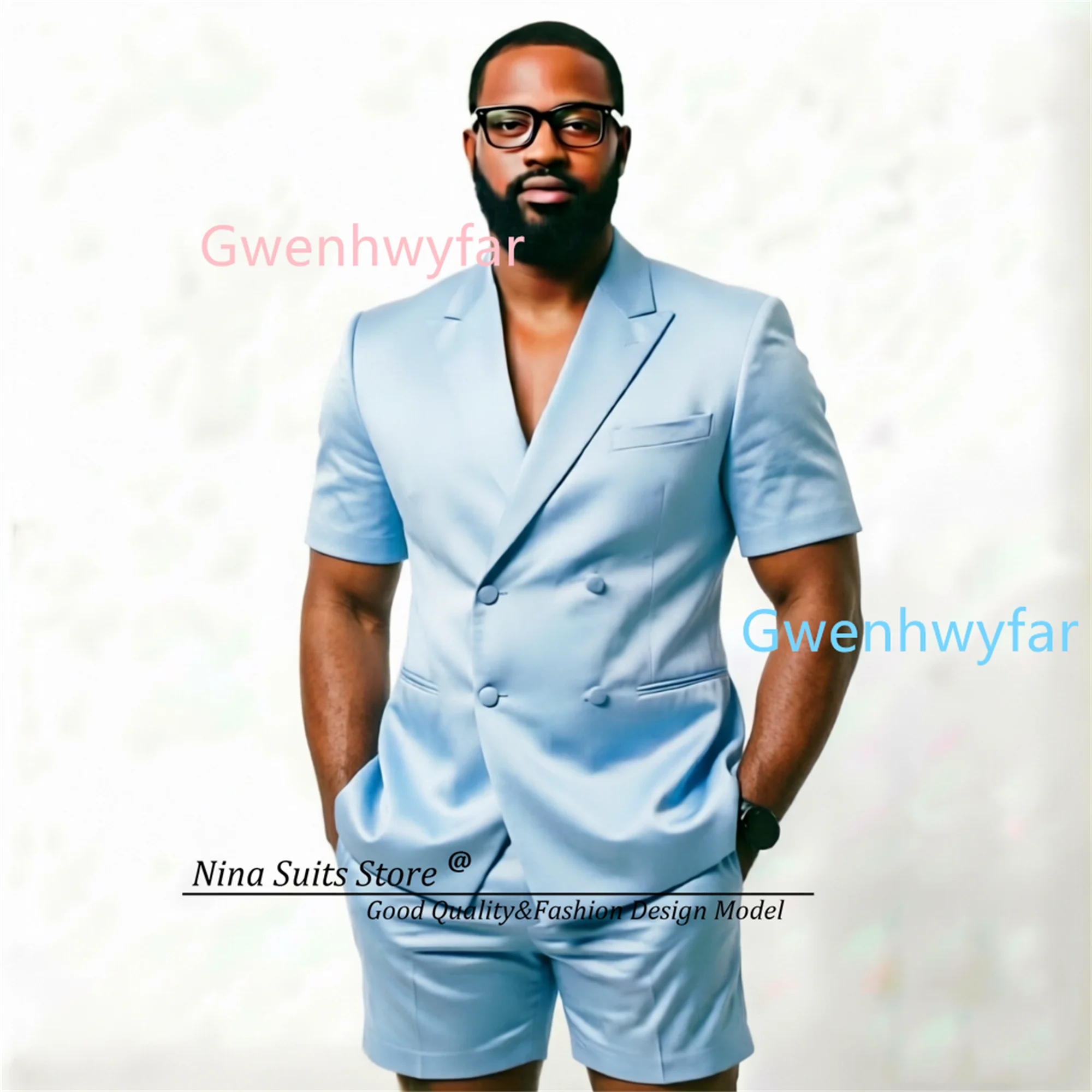 Gwenhwyfar 2026 New Designed Men Short Sleeve Blazer Shorts sets Tailored Shiny Stain Sky Blue Beach Party Suits Double Breasted
Gwenhwyfar 2026 New Designed Men Short Sleeve Blazer Shorts sets Tailored Shiny Stain Sky Blue Beach Party Suits Double Breasted
