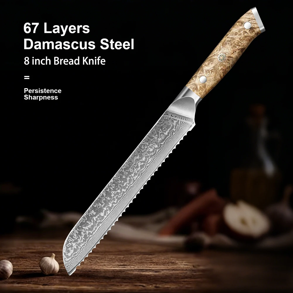 8"Profession Bread Knife Damascus Steel Sharp Cake Bread Slicer Cutter Kitchen Chef Baking Knives Natural Burl wood Handle
8"Profession Bread Knife Damascus Steel Sharp Cake Bread Slicer Cutter Kitchen Chef Baking Knives Natural Burl wood Handle