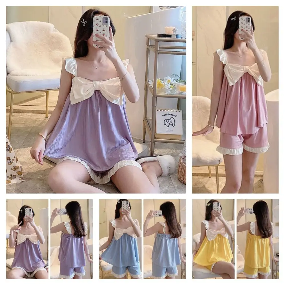 Ruffle Suspender Shorts Pajama Suit Sleeveless Loose Two Piece Nightwears Female Home Clothes Patchwork Bowknot Sleepwear Sets
Ruffle Suspender Shorts Pajama Suit Sleeveless Loose Two Piece Nightwears Female Home Clothes Patchwork Bowknot Sleepwear Sets