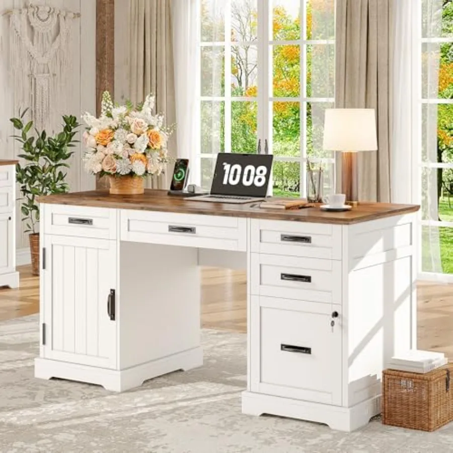 Farmhouse Desk Home Office with Drawers, Executive Computer Desk Wooden with File Cabinet and Charging Station
Farmhouse Desk Home Office with Drawers, Executive Computer Desk Wooden with File Cabinet and Charging Station