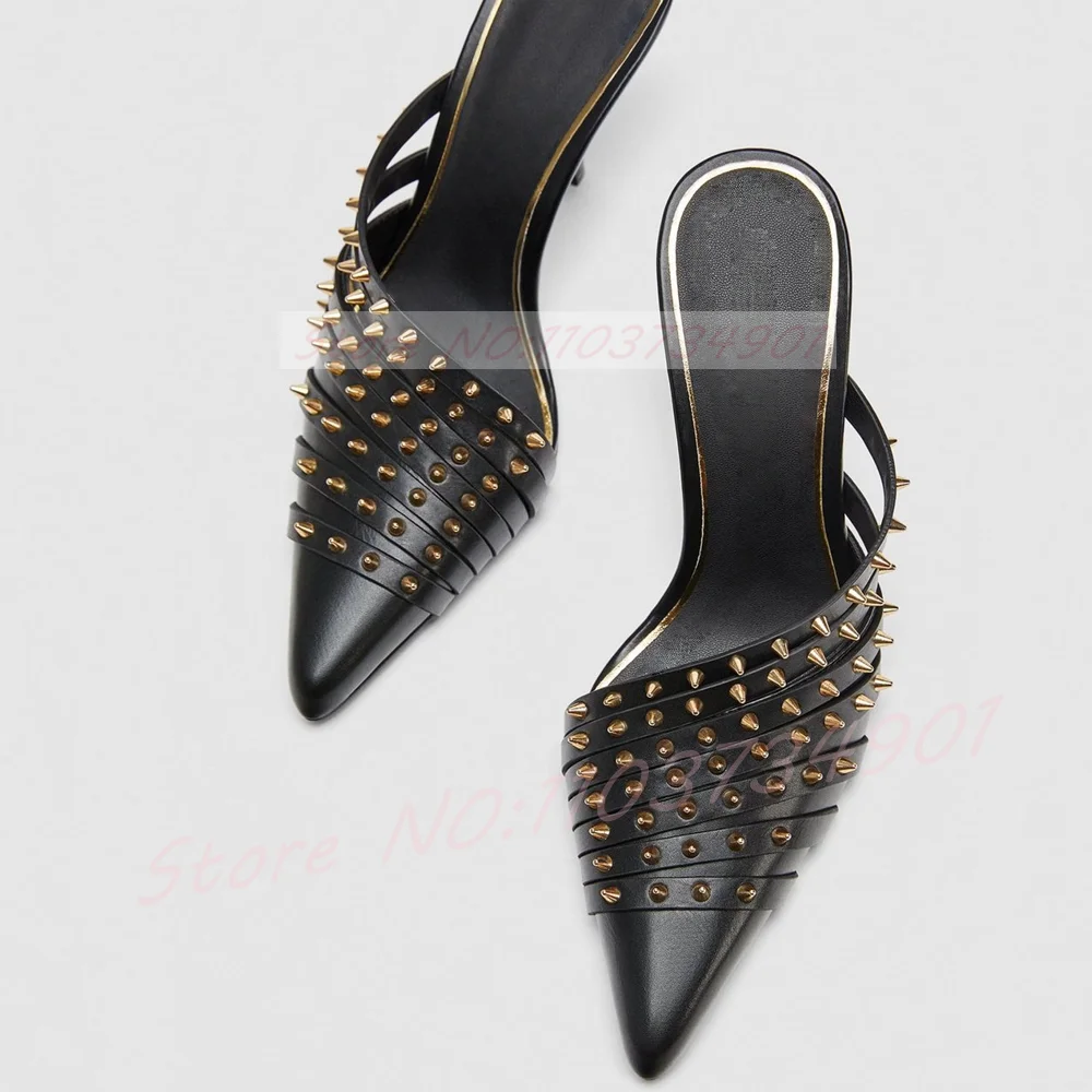 Black Leather Studded Gold Spiked Mules Women Strappy Pointed Toe High Heels Mules Female Sexy Nifty Night-Out Shoes
Black Leather Studded Gold Spiked Mules Women Strappy Pointed Toe High Heels Mules Female Sexy Nifty Night-Out Shoes