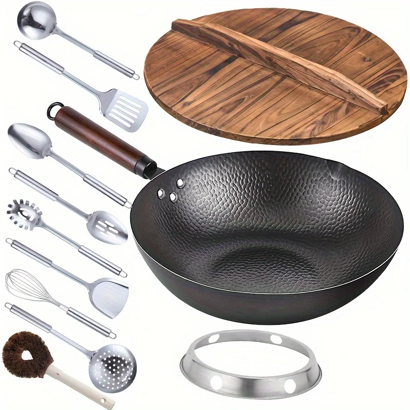 us12.6" Iron Wok-11pcs Woks & Stir Fry Pans Wok Pan with Lid, No Chemical Coated Chinese Wok with 10 Cookware Accessories, Flat Bottom Wok for Electric, Induction, Gas Stovesd
us12.6" Iron Wok-11pcs Woks & Stir Fry Pans Wok Pan with Lid, No Chemical Coated Chinese Wok with 10 Cookware Accessories, Flat Bottom Wok for Electric, Induction, Gas Stovesd