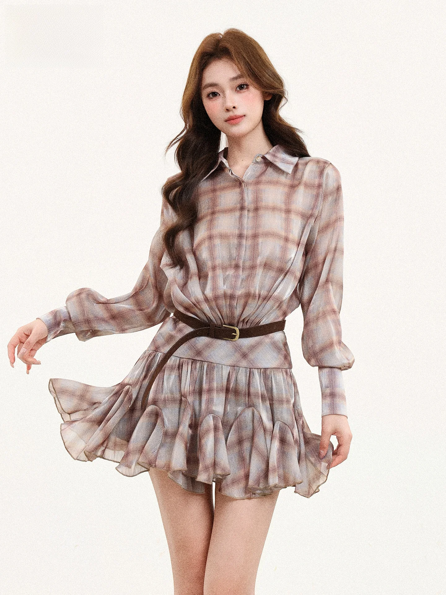 Khaki Plaid Shirt Dress Women's Slim Fit Korean Style Summer Short Skirt Long Sleeve A-Line Dress Gathered Waist Conformity
Khaki Plaid Shirt Dress Women's Slim Fit Korean Style Summer Short Skirt Long Sleeve A-Line Dress Gathered Waist Conformity