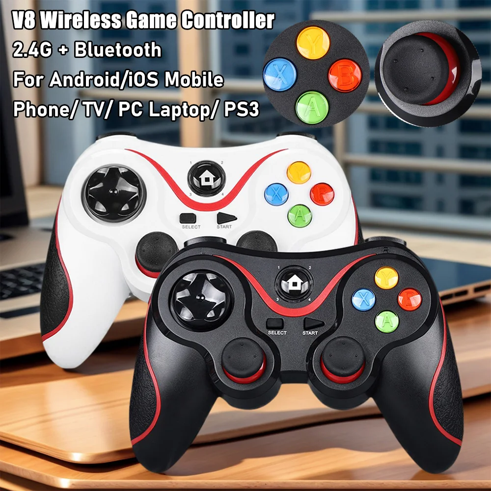V8 Bluetooth Gamepad 2.4G Wireless Game Controller Joystick Gaming Controllers For Android/iOS Mobile Phone/ TV/ PC Laptop/ PS3