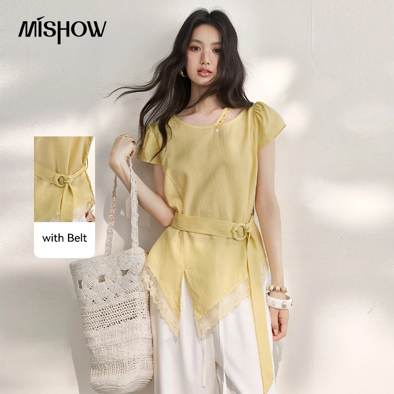 MISHOW Short Sleeved Shirt Women's 2026 Summer New French Waist Cinched Lace Patchwork Irregular Hem Top With Belt MXF26X2678
MISHOW Short Sleeved Shirt Women's 2026 Summer New French Waist Cinched Lace Patchwork Irregular Hem Top With Belt MXF26X2678