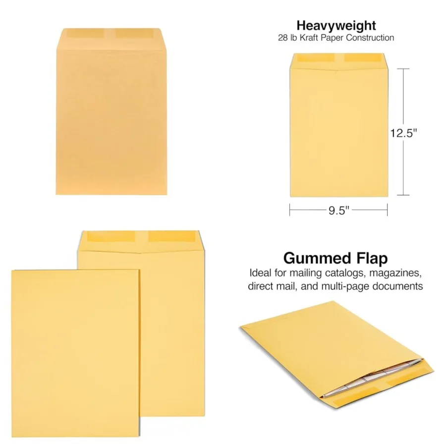 9.5 x 12.5 Kraft Catalog Envelopes, Brown, Gummed Flap, Tear‑Resistant Heavyweight Mailers for Documents, 100/Box
9.5 x 12.5 Kraft Catalog Envelopes, Brown, Gummed Flap, Tear‑Resistant Heavyweight Mailers for Documents, 100/Box