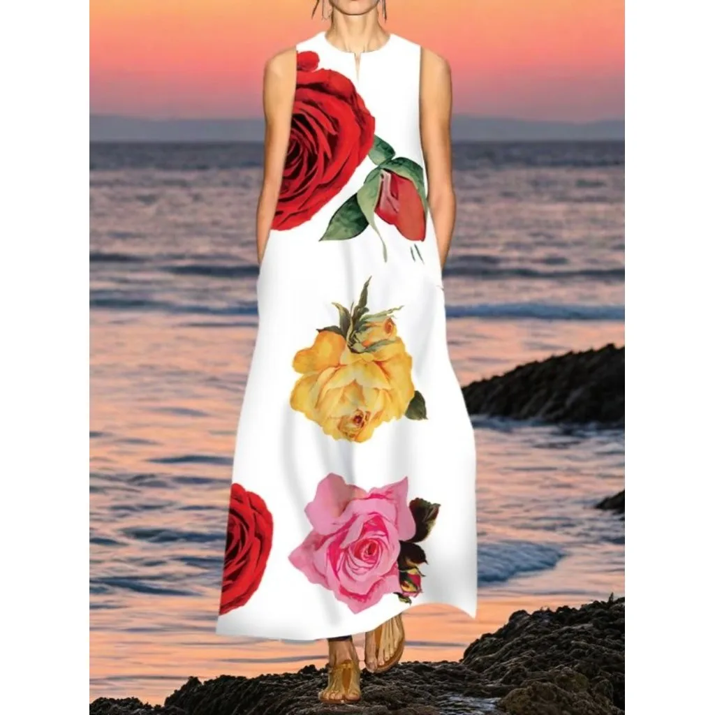 Vintage Elegant White Rose Printed Long Dress with Flower Pattern Beach Dress Summer Beach Holiday Sundress
Vintage Elegant White Rose Printed Long Dress with Flower Pattern Beach Dress Summer Beach Holiday Sundress
