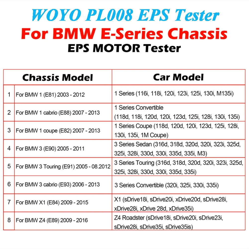 WOYO PL008 EPS Electric Power Tester Wheel Steering Motor Tester For BMW E81 E82 E84 E88 E89 E90 E91 E93 Car Diagnostic Tool
WOYO PL008 EPS Electric Power Tester Wheel Steering Motor Tester For BMW E81 E82 E84 E88 E89 E90 E91 E93 Car Diagnostic Tool