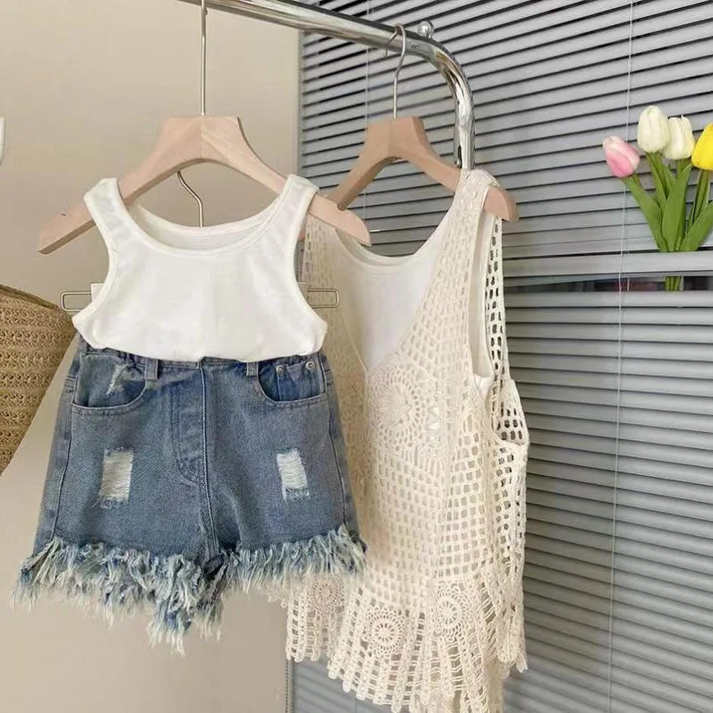 Children Tank Top Summer Outwear Sleeveless Denim Shorts Three Piece Set Vintage Hollow Out Knit Children Clothing
Children Tank Top Summer Outwear Sleeveless Denim Shorts Three Piece Set Vintage Hollow Out Knit Children Clothing
