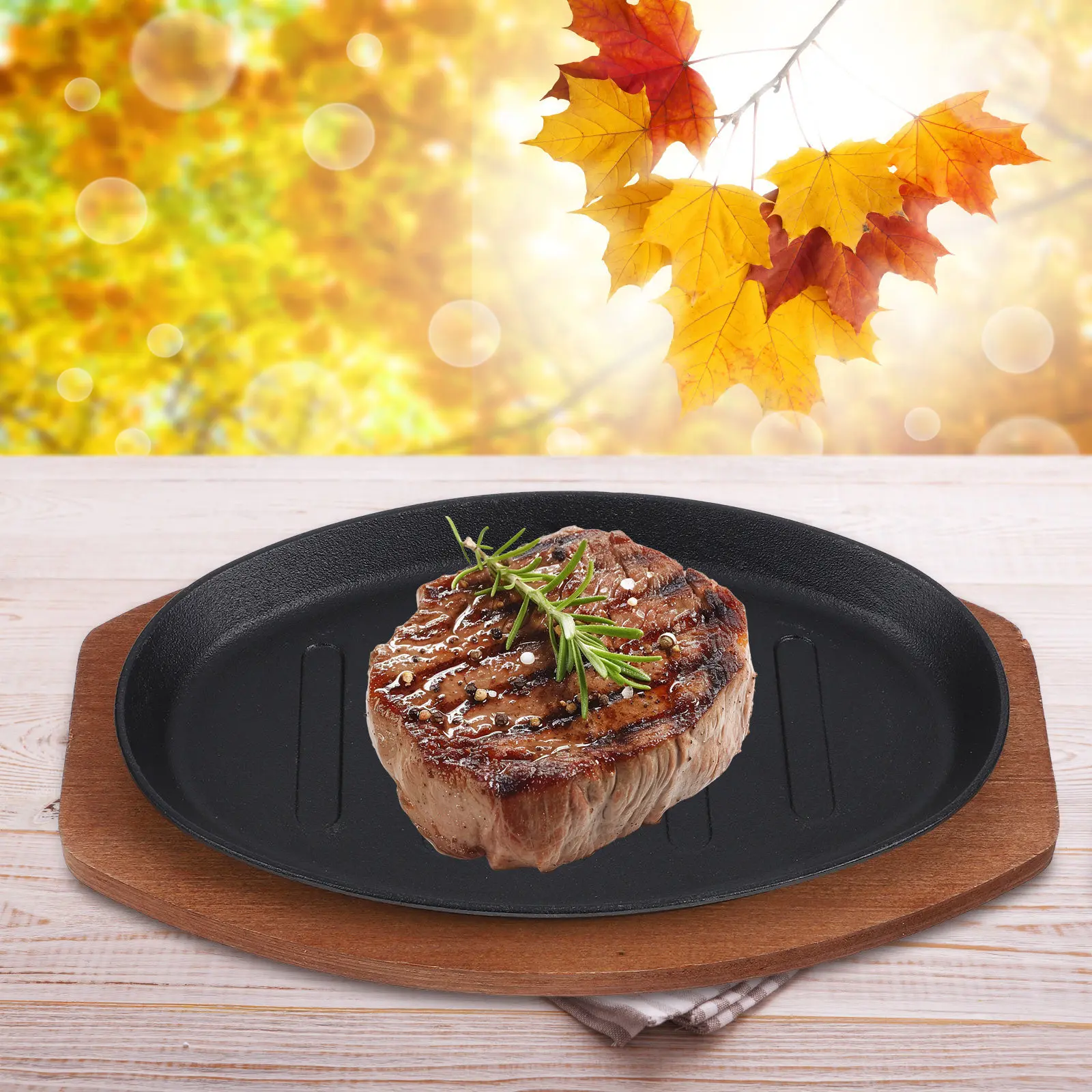 Набор из 1 чугунной сковороды-гриль для стейков с деревянным подносом, для домашнего и уличного барбекю, кухонные принадлежности
Набор из 1 чугунной сковороды-гриль для стейков с деревянным подносом, для домашнего и уличного барбекю, кухонные принадлежности