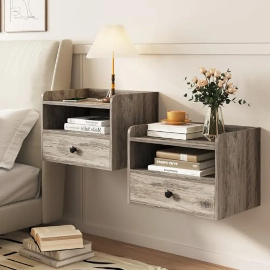 Floating Nightstand Set of 2 Modern Bedside Tables with Drawer and Open Shelf Cubby Small Wall Mounted Nightstands with Chargin
Floating Nightstand Set of 2 Modern Bedside Tables with Drawer and Open Shelf Cubby Small Wall Mounted Nightstands with Chargin