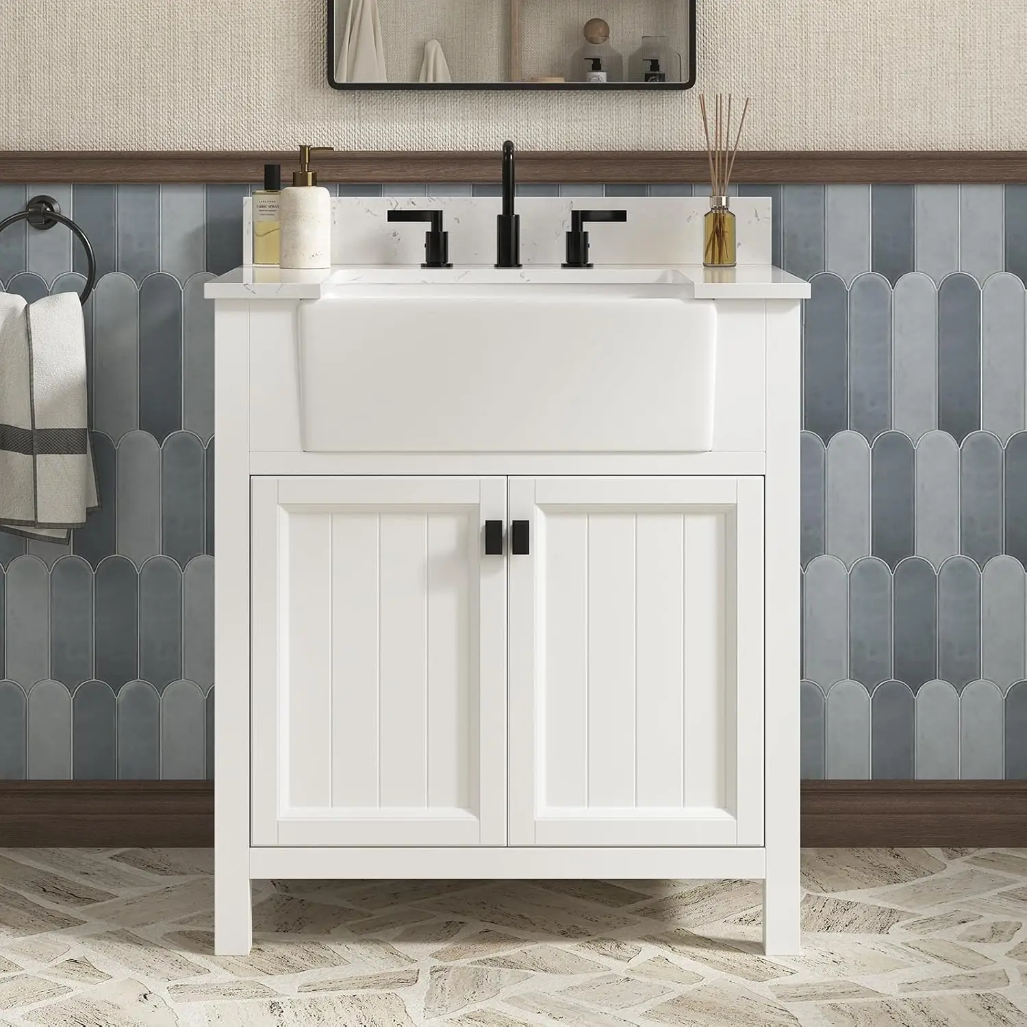 30in Farmhouse Bathroom Vanity Sink Cabinet Solid Wood Frame Soft Close Doors Apron Front Adjustable Feet White Customized
30in Farmhouse Bathroom Vanity Sink Cabinet Solid Wood Frame Soft Close Doors Apron Front Adjustable Feet White Customized