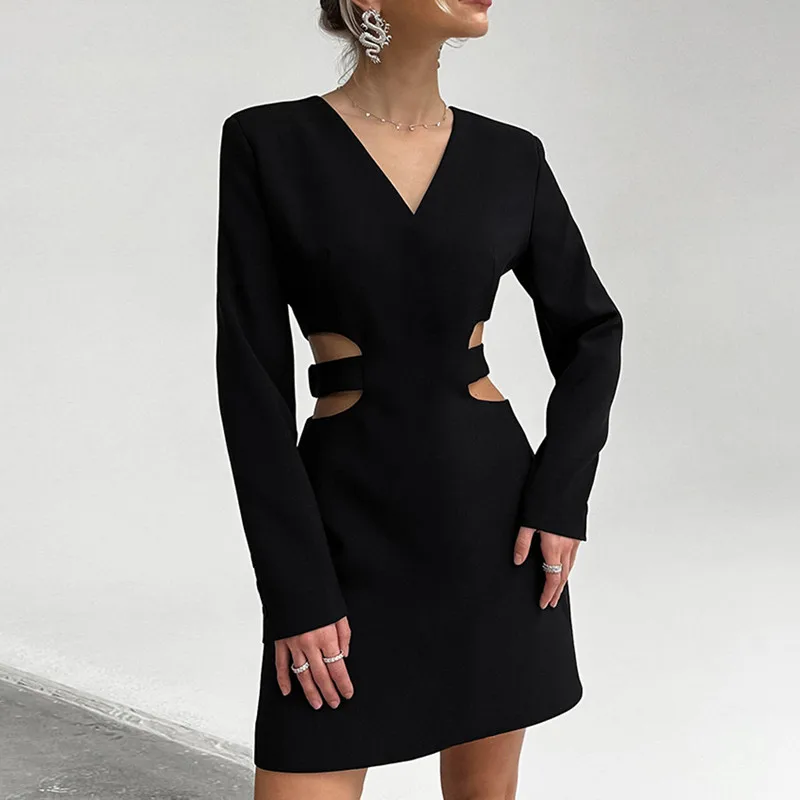 French Sexy V-Neck Hollow Out Waist Long Sleeve Dress Women Fashion Slim A-Line Black Short Dress r17
French Sexy V-Neck Hollow Out Waist Long Sleeve Dress Women Fashion Slim A-Line Black Short Dress r17