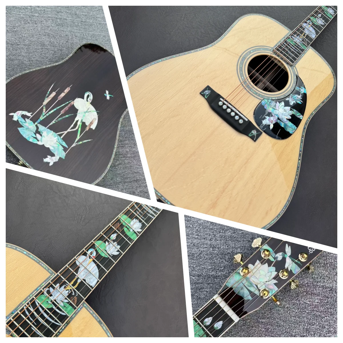 All Solid Wood Acoustic Guitar Glossy Finish Lotus Crane Motif/Pattern Luxury Abalone Inlay Limited Edition Collector's Grade
All Solid Wood Acoustic Guitar Glossy Finish Lotus Crane Motif/Pattern Luxury Abalone Inlay Limited Edition Collector's Grade