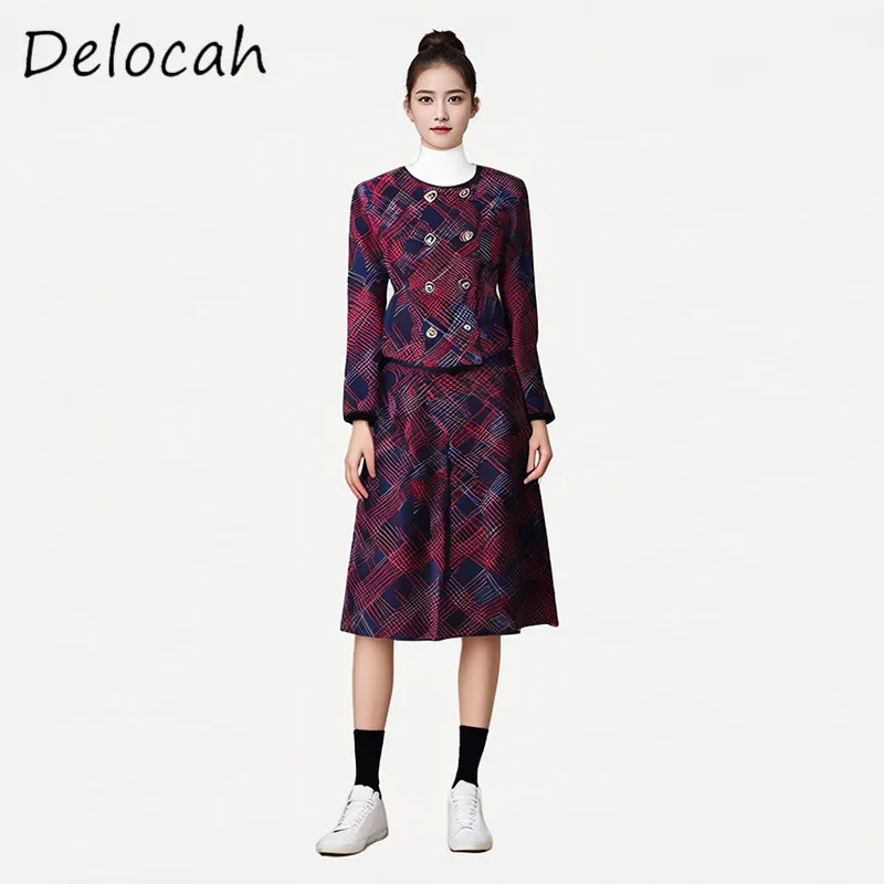 Deloach Fashion Design Women's Round Neck Double Row Buckle Red Blue Striped Long Sleeve Coat High Waist A-line Half Skirt Set
Deloach Fashion Design Women's Round Neck Double Row Buckle Red Blue Striped Long Sleeve Coat High Waist A-line Half Skirt Set