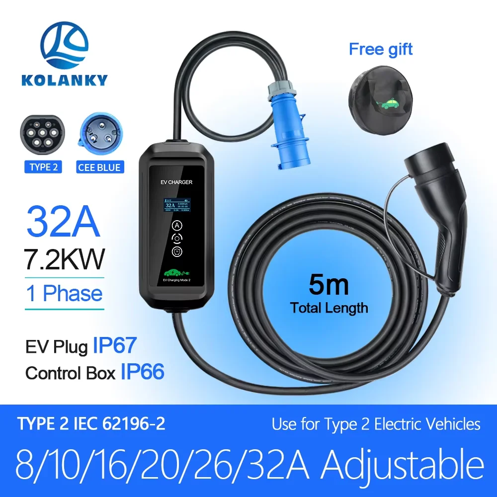 Kolanky 8/10/16/20/26/32A 7kw EV Charger Type 2 Plug Timer Charging For Hybrid Eletric Vehicle PHEV Car Battery Cable 5M
Kolanky 8/10/16/20/26/32A 7kw EV Charger Type 2 Plug Timer Charging For Hybrid Eletric Vehicle PHEV Car Battery Cable 5M
