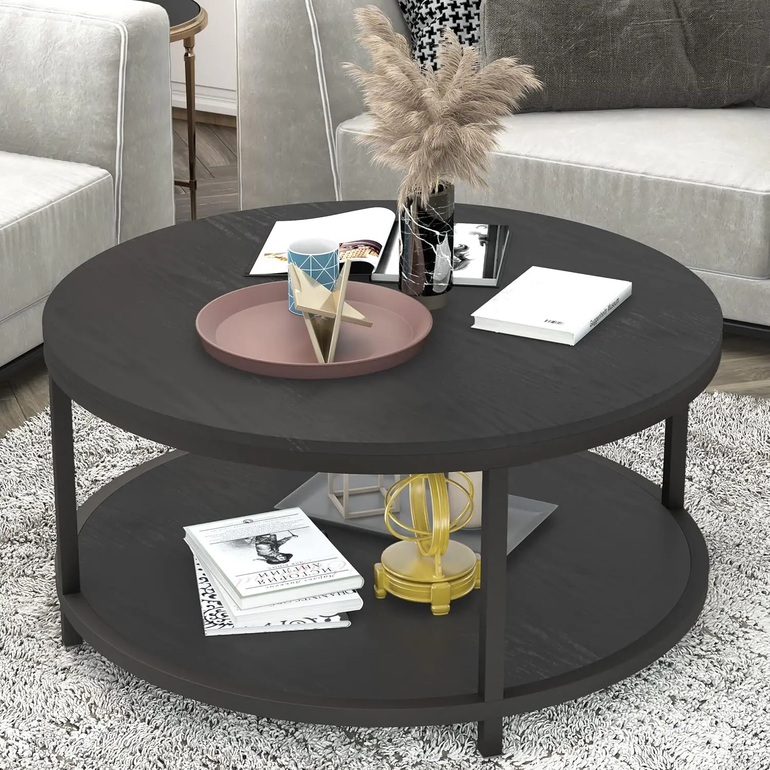 Round Coffee Table, Rustic Wooden Surface Top And Sturdy Metal Legs Industrial Sofa Table For Living Room, Modern Design Home Furniture With Storage Open Shelf, Black Oak
Round Coffee Table, Rustic Wooden Surface Top And Sturdy Metal Legs Industrial Sofa Table For Living Room, Modern Design Home Furniture With Storage Open Shelf, Black Oak
