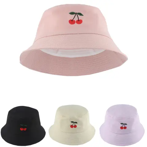 Novo chapéu de balde bordado cereja para mulheres unissex verão dos desenhos animados furit chapéus de sol cor sólida ao ar livre praia bonés