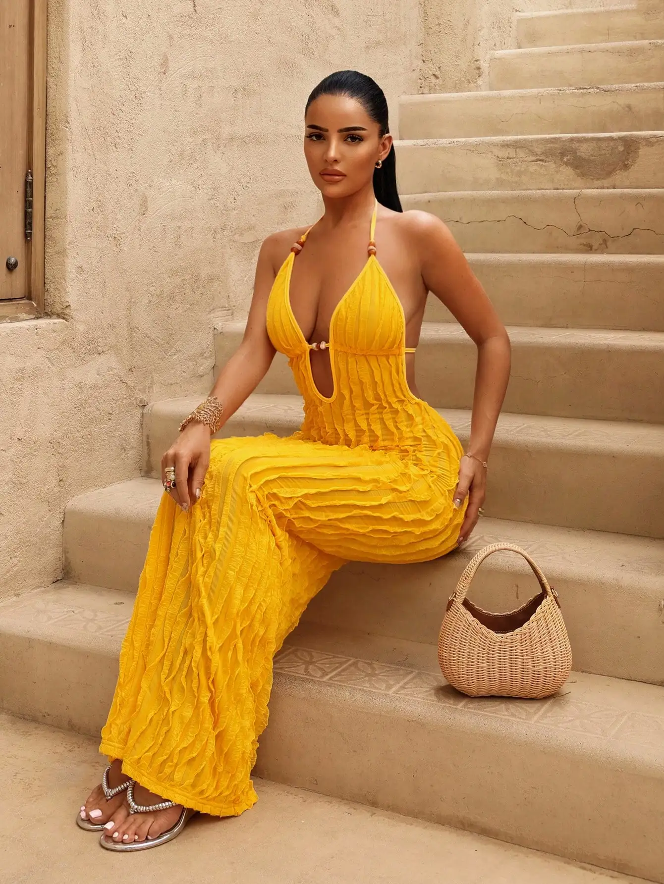 Women's Yellow Ruched Halter Neck Maxi Dress with Beaded Detail for Beach Vacation
Women's Yellow Ruched Halter Neck Maxi Dress with Beaded Detail for Beach Vacation