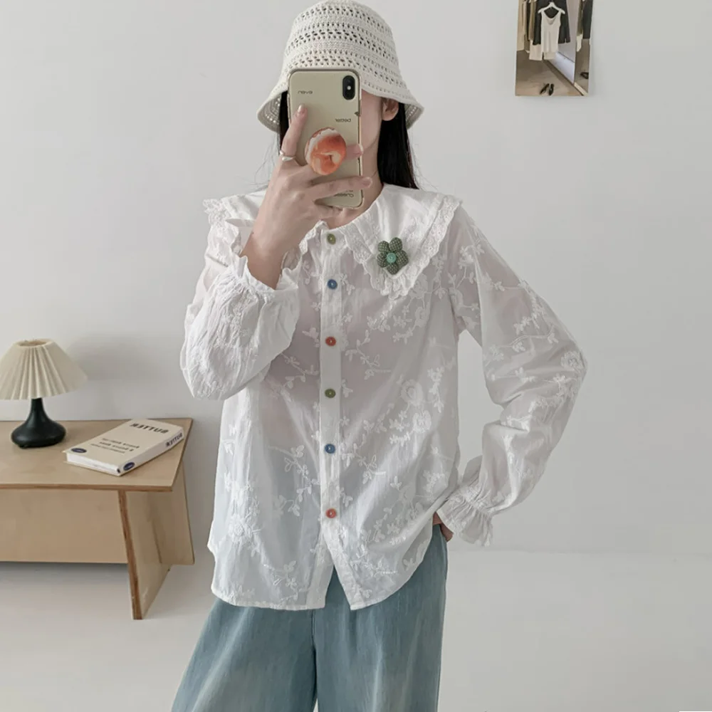 Japanese Sweet Mori Girl Solid Color Embroidery Cotton Shirts Women Spring Peter Pan Collar Long Sleeve Casual Loose Blouse Tops
Japanese Sweet Mori Girl Solid Color Embroidery Cotton Shirts Women Spring Peter Pan Collar Long Sleeve Casual Loose Blouse Tops