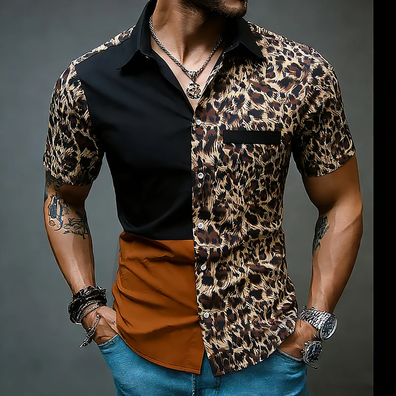 Men Short Sleeve Shirts Leopard Shirts Lapel Collar Mens Dress Shirts Casual Male Combination Colour Chemise Hemd Homme Shirt S5
Men Short Sleeve Shirts Leopard Shirts Lapel Collar Mens Dress Shirts Casual Male Combination Colour Chemise Hemd Homme Shirt S5