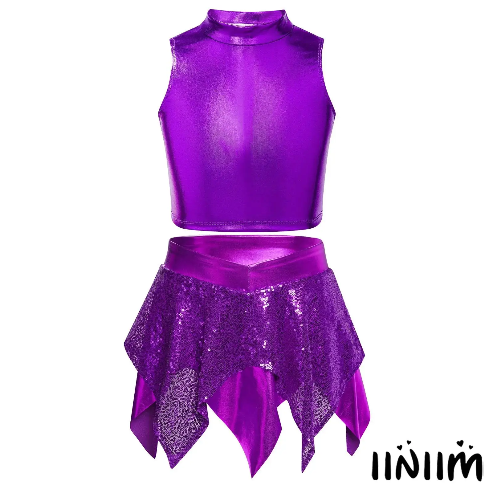 Kids Girls Jazz Dance Performance Costume Sleeveless Mock Neck Metallic Crop Tops with Shiny Sequins Asymmetric Skirt
Kids Girls Jazz Dance Performance Costume Sleeveless Mock Neck Metallic Crop Tops with Shiny Sequins Asymmetric Skirt