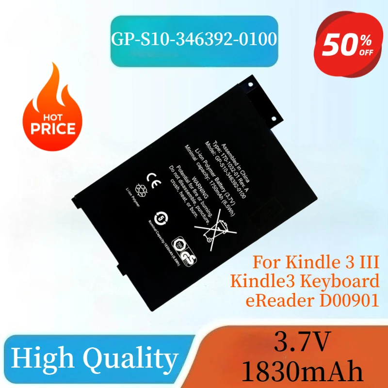 New GP-S10-346392-0100 Phone Battery 1830mAh For Kindle 3 III Kindle3 Keyboard eReader D00901 Graphite 170-1032-00 / FS249
New GP-S10-346392-0100 Phone Battery 1830mAh For Kindle 3 III Kindle3 Keyboard eReader D00901 Graphite 170-1032-00 / FS249