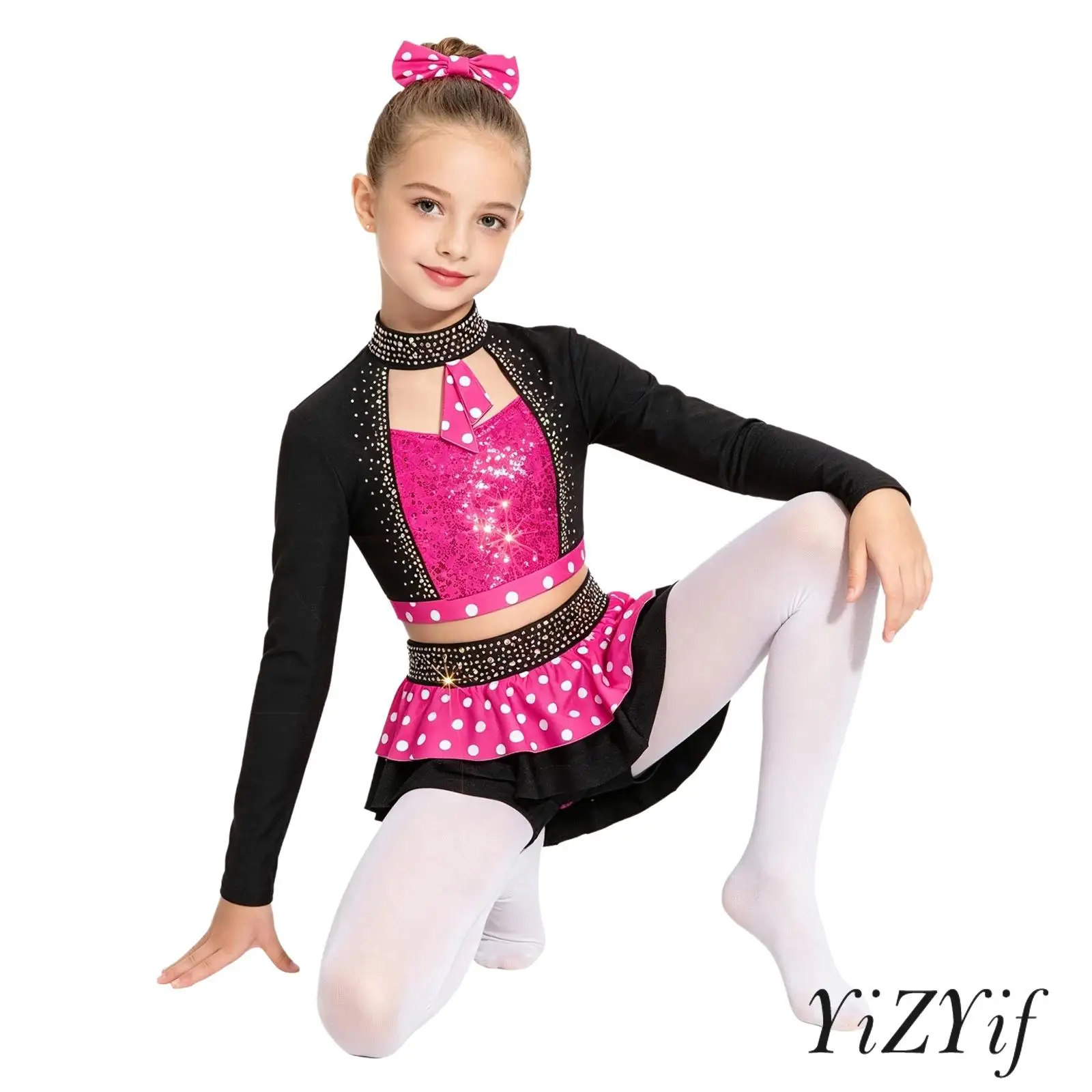 Girls 3 Piece Shiny Sequins Rhinestones Jazz Dance Outfit Cutout Design Long Sleeve Crop Top with Skirted Shorts and Hairtie
Girls 3 Piece Shiny Sequins Rhinestones Jazz Dance Outfit Cutout Design Long Sleeve Crop Top with Skirted Shorts and Hairtie