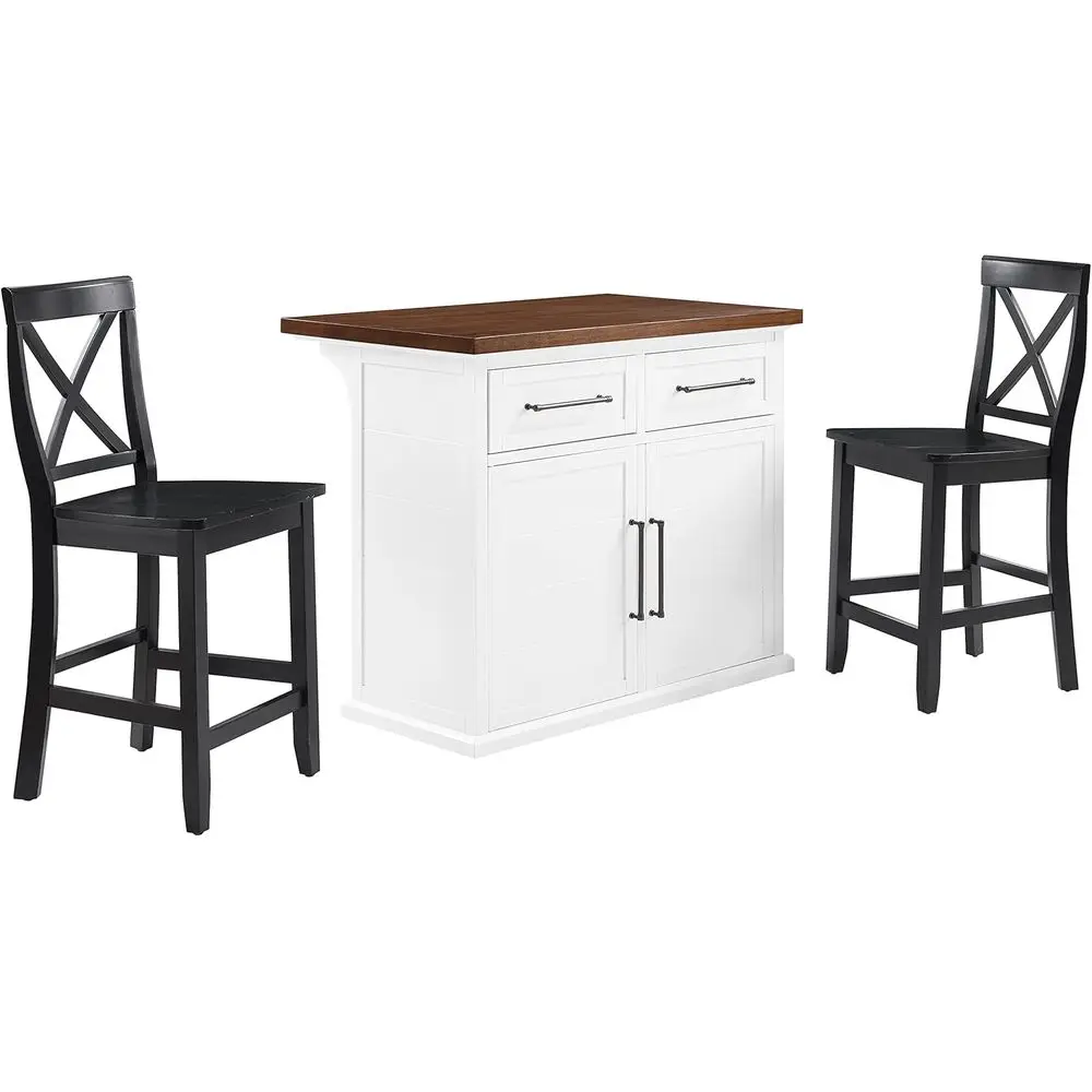 White and Black Bartlett Kitchen Island with Wooden Top and X-Back Stools
White and Black Bartlett Kitchen Island with Wooden Top and X-Back Stools