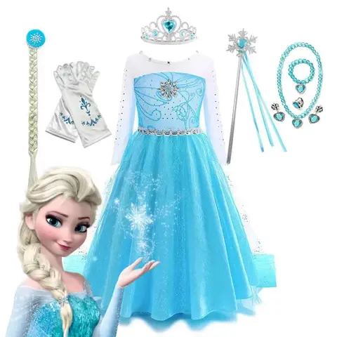 Disney Elsa Prinzessinnenkleid für Mädchen, Netz-Schneeflocken-Umhang, Frozen-Kostüme, Karneval, Party, Ballkleid, Robe, Kinderkleidung