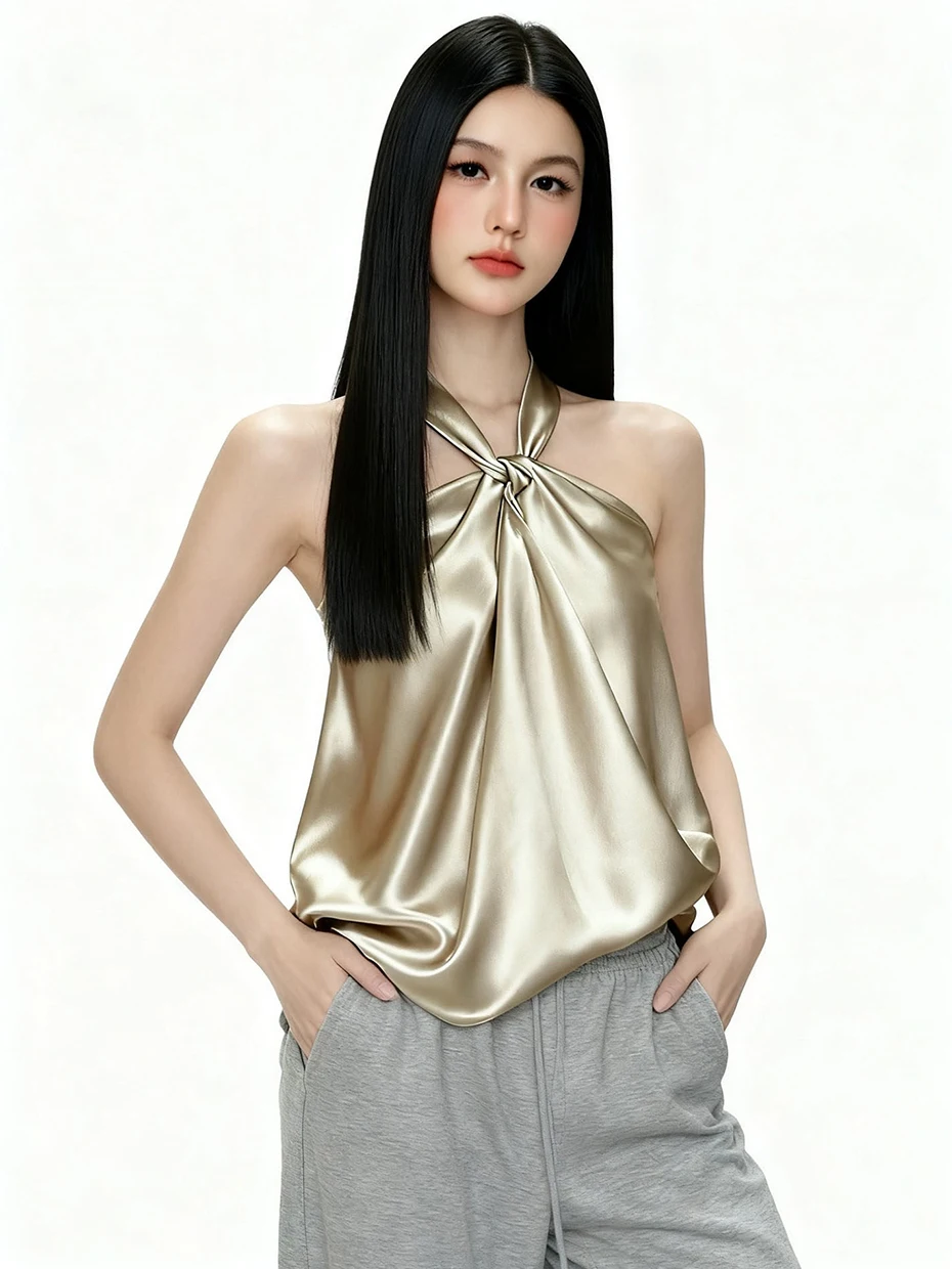 Elegant Sleeveless Neck Hanging Knot Design Women's Satin Vest Fashionable Summer Outerwear Short Pure Color Casual Top
Elegant Sleeveless Neck Hanging Knot Design Women's Satin Vest Fashionable Summer Outerwear Short Pure Color Casual Top