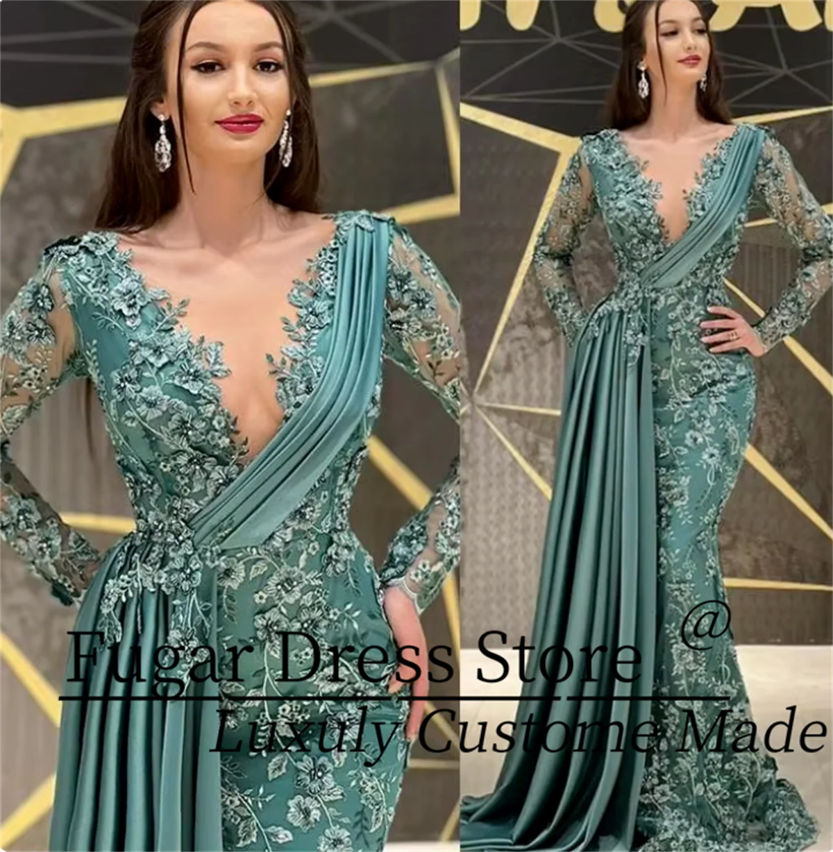 Fashion Sage Green Mermaid Prom Dresses 3D decal embroidery Beaded Lace Luxurious Sexy Long Sleeves vestidos de novia
Fashion Sage Green Mermaid Prom Dresses 3D decal embroidery Beaded Lace Luxurious Sexy Long Sleeves vestidos de novia