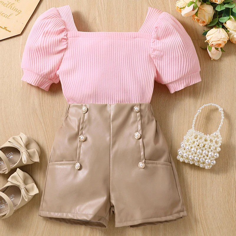 2Piece Summer Kids Girls Clothes Fashion Pink Cotton Bubble Sleeve Tops+PU Shorts Baby Boutique Clothing Children's Sets BC200
2Piece Summer Kids Girls Clothes Fashion Pink Cotton Bubble Sleeve Tops+PU Shorts Baby Boutique Clothing Children's Sets BC200
