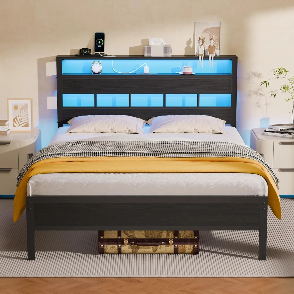 LED Light and Charging Station, Wood Storage Headboard with 2-Tier Shelves, Metal Platform Bed with Heavy Duty Slats Support
LED Light and Charging Station, Wood Storage Headboard with 2-Tier Shelves, Metal Platform Bed with Heavy Duty Slats Support