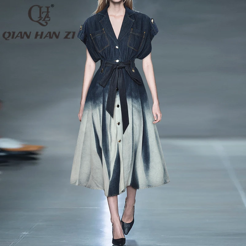 QHZ Designer Runway Fashion Vintage Dress Women's lapel luxury Single Breasted belt Slim Gradient color Denim dress
QHZ Designer Runway Fashion Vintage Dress Women's lapel luxury Single Breasted belt Slim Gradient color Denim dress