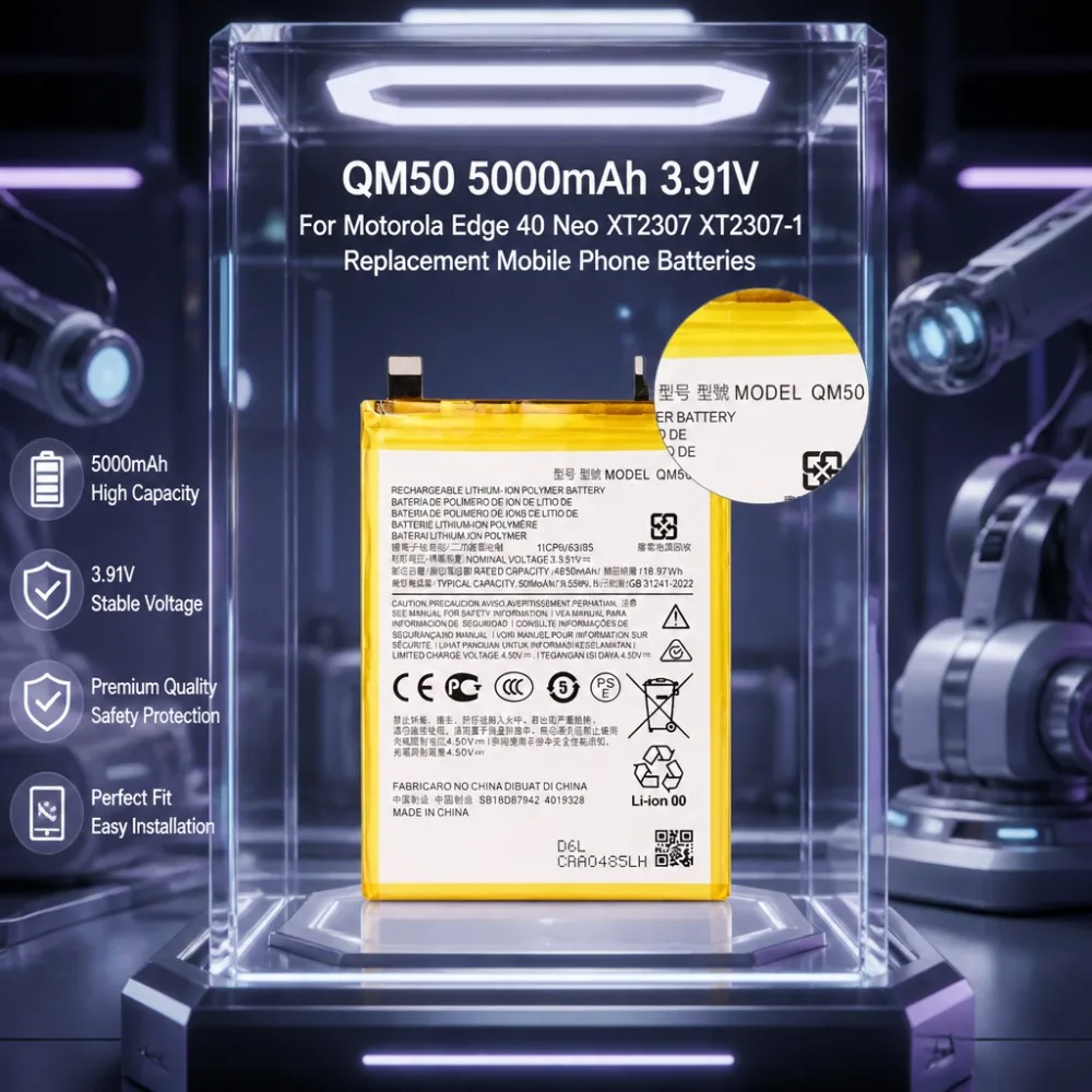 High-Quality QM50 5000mAh 3.91V Rechargeable Battery for Motorola Edge 40 Neo XT2307 XT2307-1 Replacement Mobile Phone Batteries
High-Quality QM50 5000mAh 3.91V Rechargeable Battery for Motorola Edge 40 Neo XT2307 XT2307-1 Replacement Mobile Phone Batteries