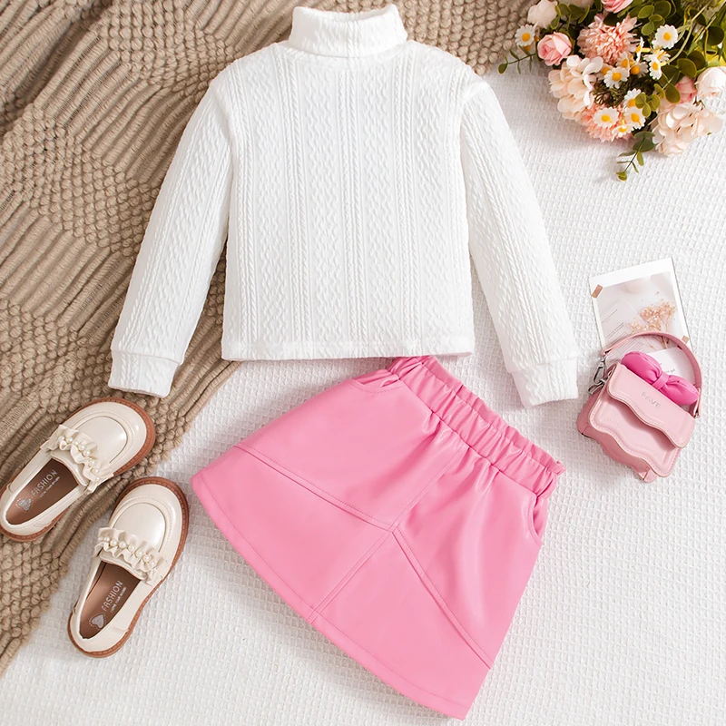 2PCS Children's Sets Autumn Kids Girls Clothes Fashion High Collar White Long Sleeve Tops+PU Skirt Baby Boutique Clothing BC565
2PCS Children's Sets Autumn Kids Girls Clothes Fashion High Collar White Long Sleeve Tops+PU Skirt Baby Boutique Clothing BC565