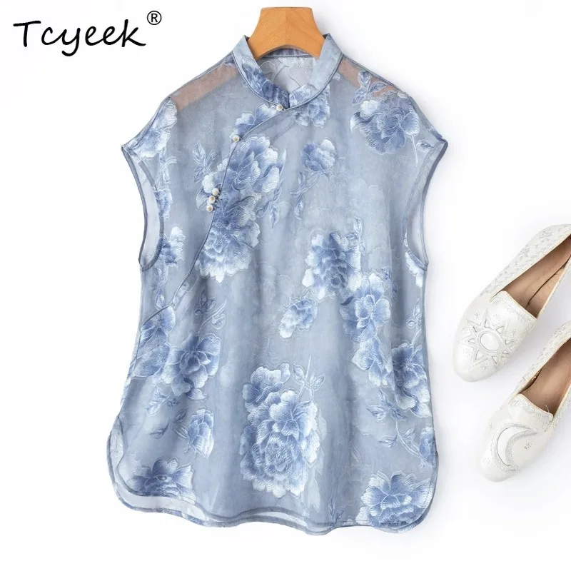 Tcyeek 100% Real Silk Women T Shirt 2026 Spring Summer Blue Chinese-style Improved Cheongsam Tops Ladies Clothes Ropa De Mujer
Tcyeek 100% Real Silk Women T Shirt 2026 Spring Summer Blue Chinese-style Improved Cheongsam Tops Ladies Clothes Ropa De Mujer