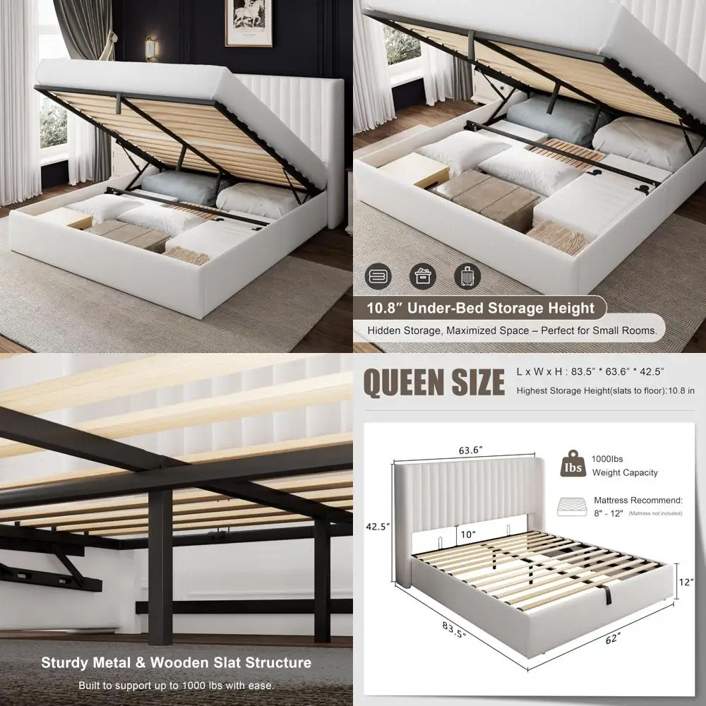 Queen Size Storage Bed with Wingback Headboard, Velvet-Upholstered Frame and Hydraulic Lift Mechanism
Queen Size Storage Bed with Wingback Headboard, Velvet-Upholstered Frame and Hydraulic Lift Mechanism
