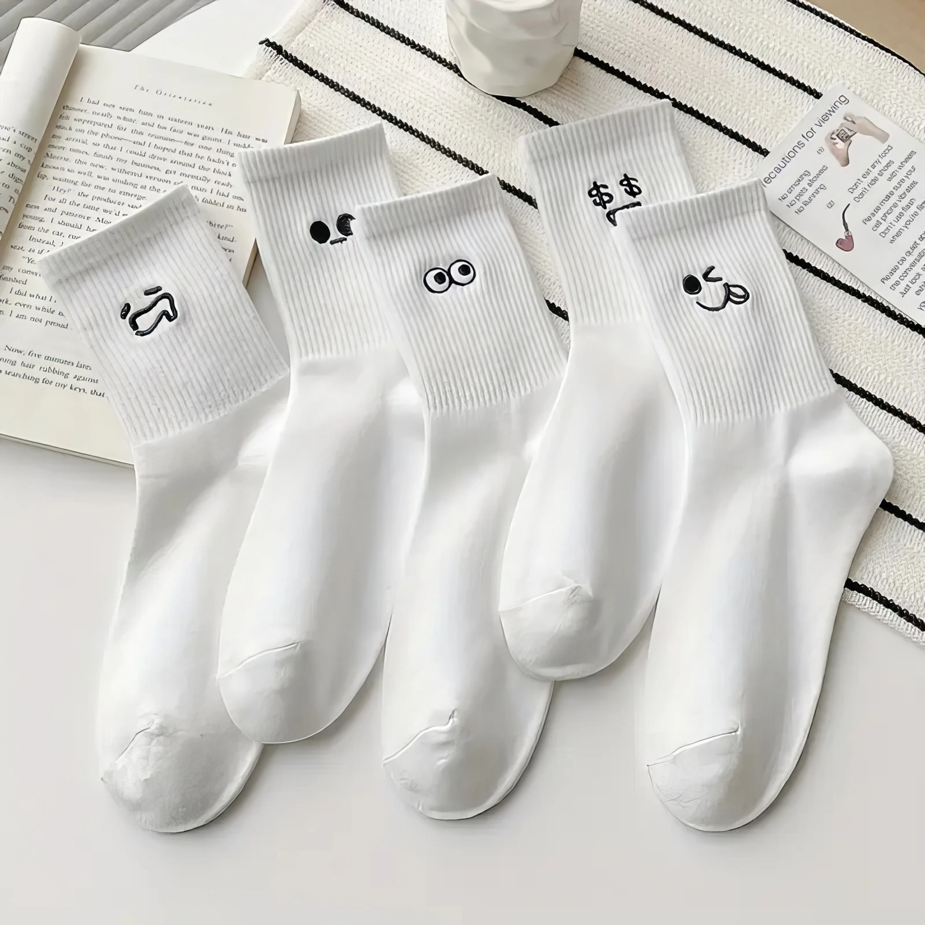 5 Pairs White Emoticon Socks Set - Black Printed Smile/Wink/Tongue Faces, Soft Cotton Ribbed Cuff Daily Wear
5 Pairs White Emoticon Socks Set - Black Printed Smile/Wink/Tongue Faces, Soft Cotton Ribbed Cuff Daily Wear
