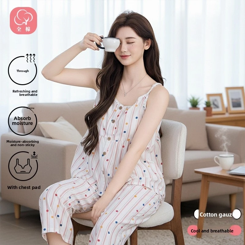 2pcs Women's Pajama Set Sweet Cute Style 100% Double Layer Cotton Gauze Built-in Bra Cups Spaghetti Strap Lightweight Wearable O
2pcs Women's Pajama Set Sweet Cute Style 100% Double Layer Cotton Gauze Built-in Bra Cups Spaghetti Strap Lightweight Wearable O