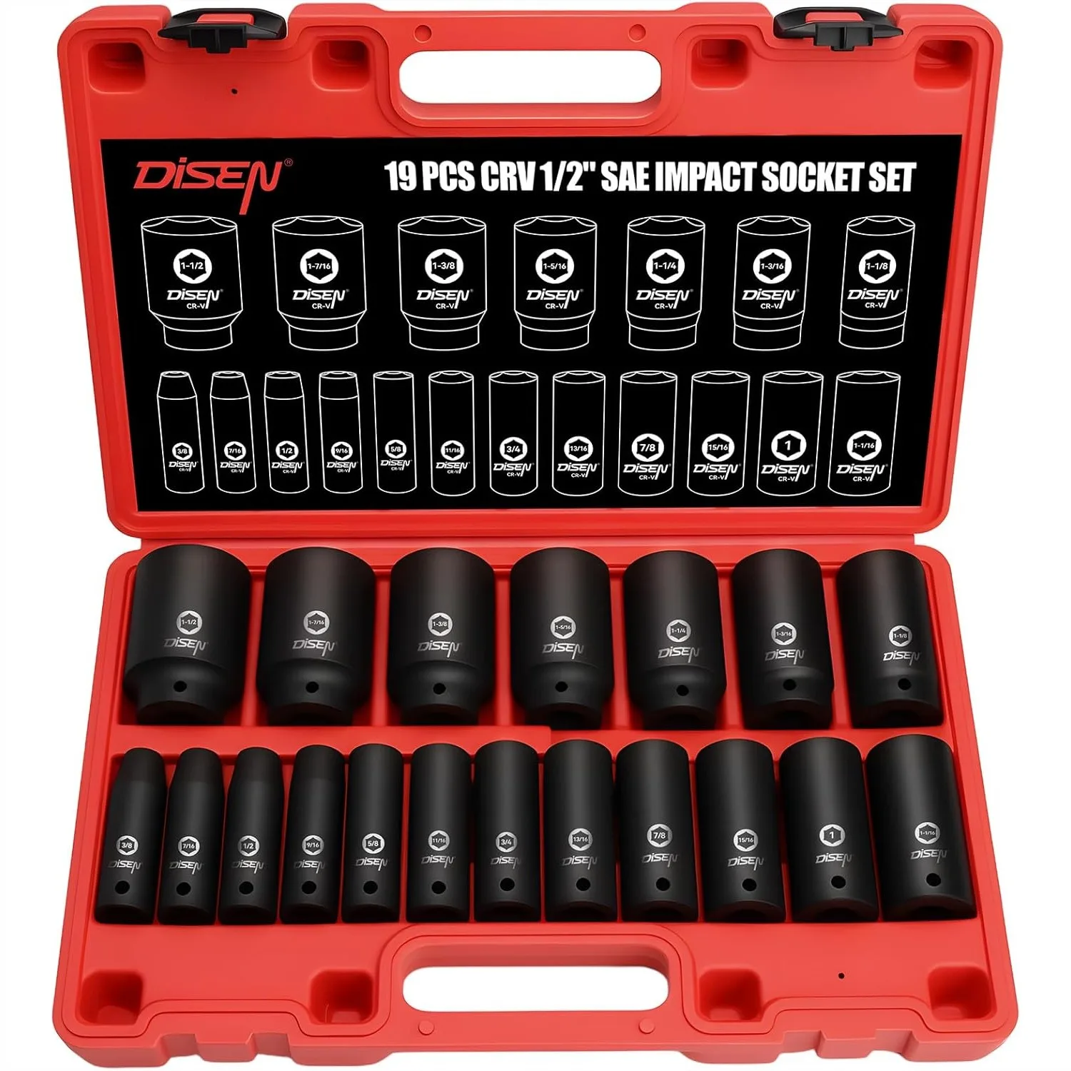 19 Pcs 1/2" SAE Impact Socket Set, Deep Sockets 3/8"-1-1/2", 6-Point Cr-V Alloy Steel, Rugged Storage Case
19 Pcs 1/2" SAE Impact Socket Set, Deep Sockets 3/8"-1-1/2", 6-Point Cr-V Alloy Steel, Rugged Storage Case