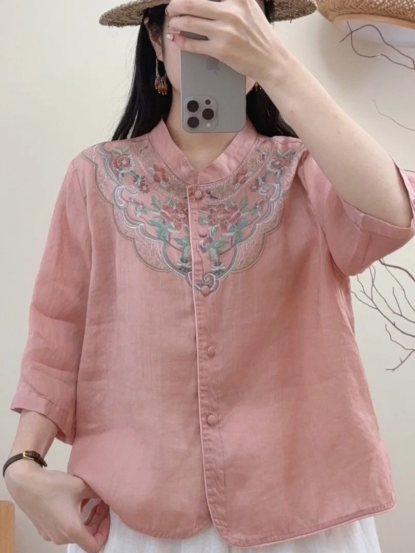 Retro Embroidered Cotton Linen Shirt Women Summer New Style Loose Fit Ageless Five Sleeve Short Sleeve Stand Collar Button up
Retro Embroidered Cotton Linen Shirt Women Summer New Style Loose Fit Ageless Five Sleeve Short Sleeve Stand Collar Button up