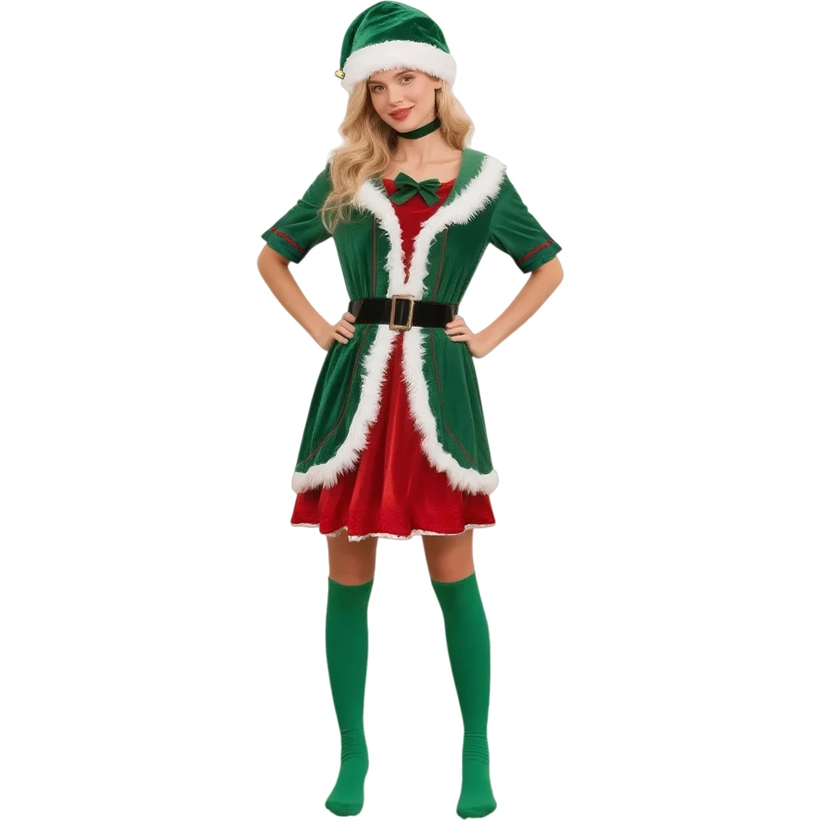 Women Christmas Elf Costume Belted Dress with Santa Claus Hat Cosplay Outfits for Themed Party
Women Christmas Elf Costume Belted Dress with Santa Claus Hat Cosplay Outfits for Themed Party