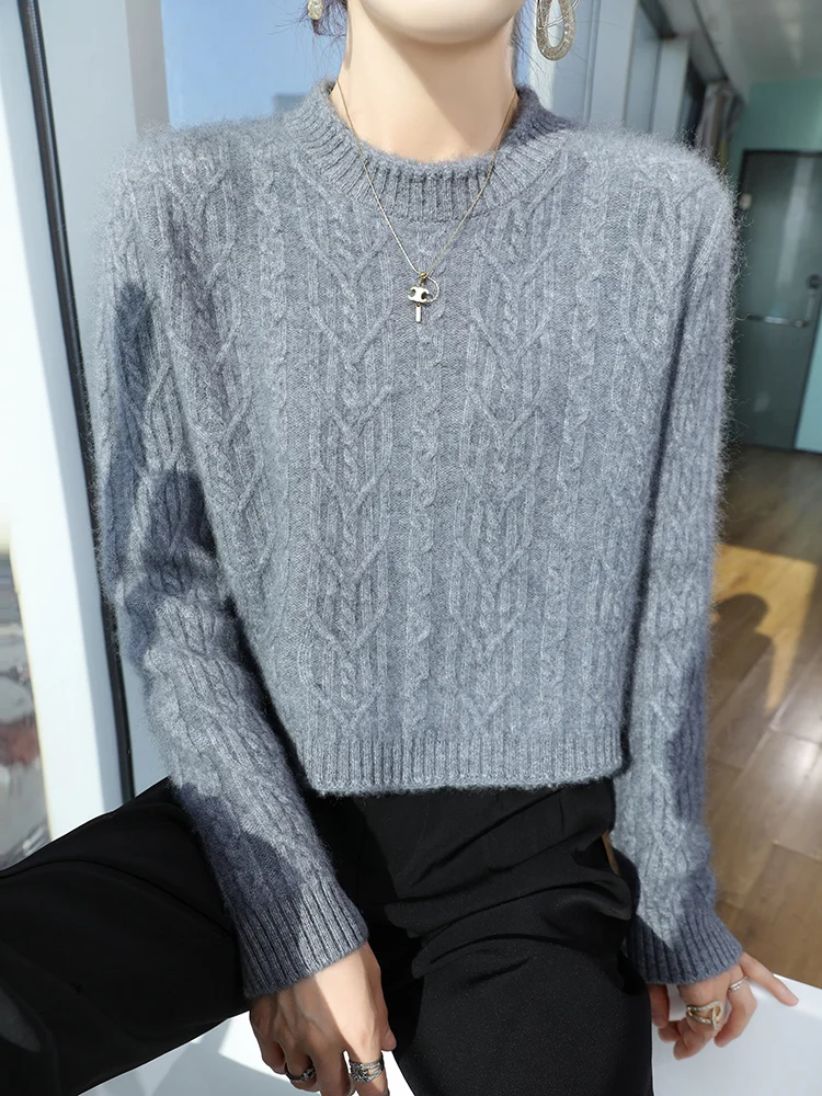 Gray Women's Pullover Sweater 100% Merino Wool Knitwear Autumn Winter Thicken Short Style Cashmere Twist Flower Round Neck Tops
Gray Women's Pullover Sweater 100% Merino Wool Knitwear Autumn Winter Thicken Short Style Cashmere Twist Flower Round Neck Tops