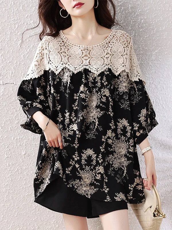 Summer 2026 Fashion plus Size Women's Shirt Lace Splicing Print Loose Slimming Top round Neck Short Sleeve Korean Style
Summer 2026 Fashion plus Size Women's Shirt Lace Splicing Print Loose Slimming Top round Neck Short Sleeve Korean Style