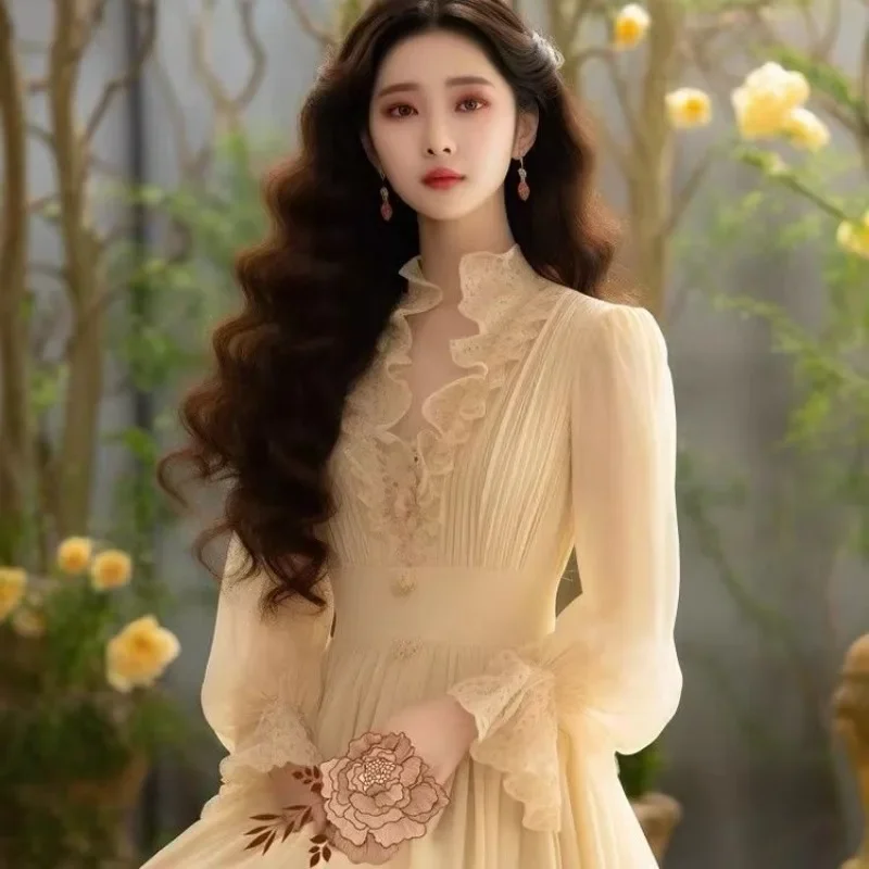 French Style Women Dresses Spring Autumn Korean Fashion Sweet Vestidos Para Mujer Ruffles V Neck Retro Long Dress
French Style Women Dresses Spring Autumn Korean Fashion Sweet Vestidos Para Mujer Ruffles V Neck Retro Long Dress